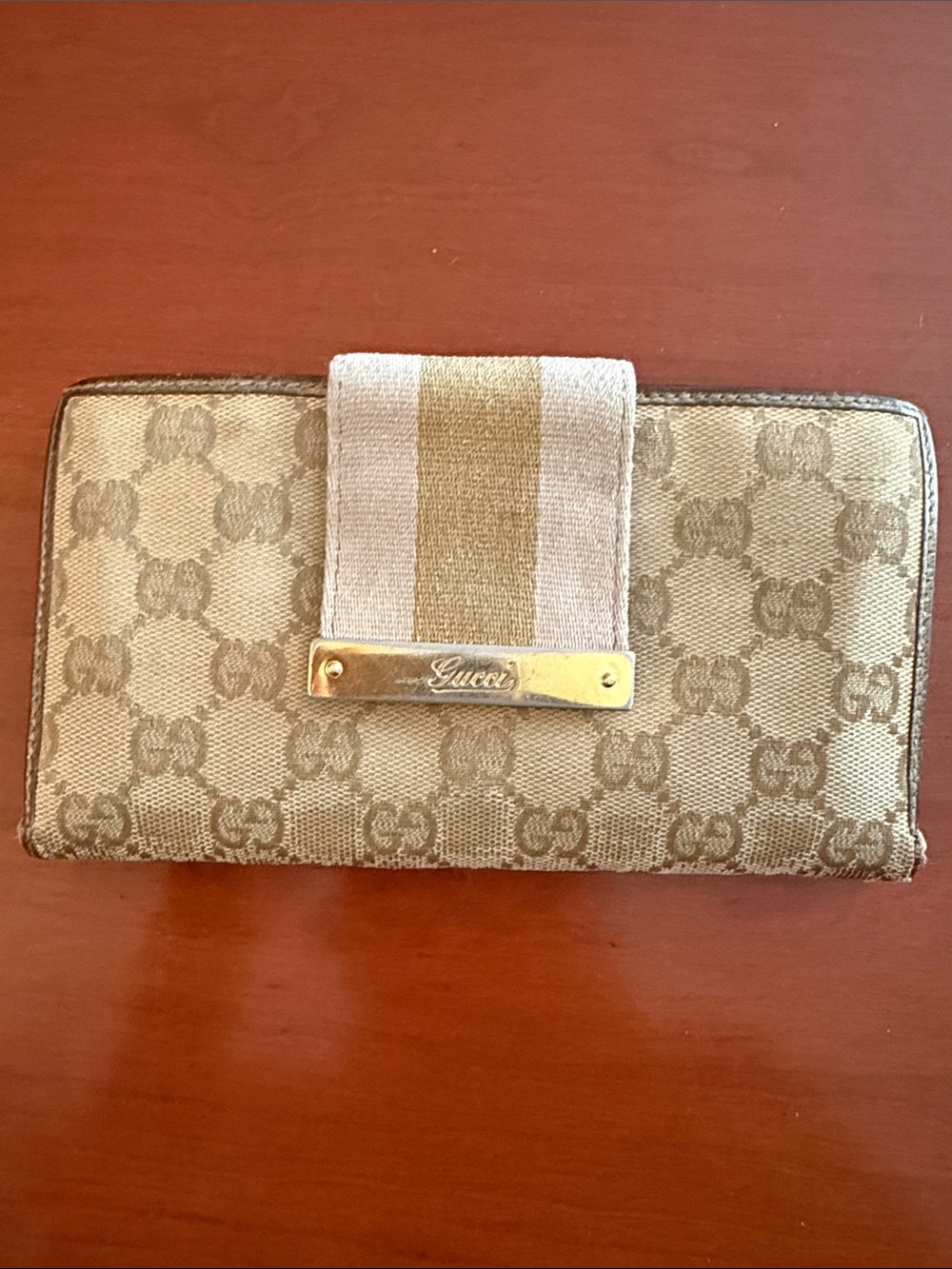 Gucci Beige GG Canvas Wallet with Signature Web Tab